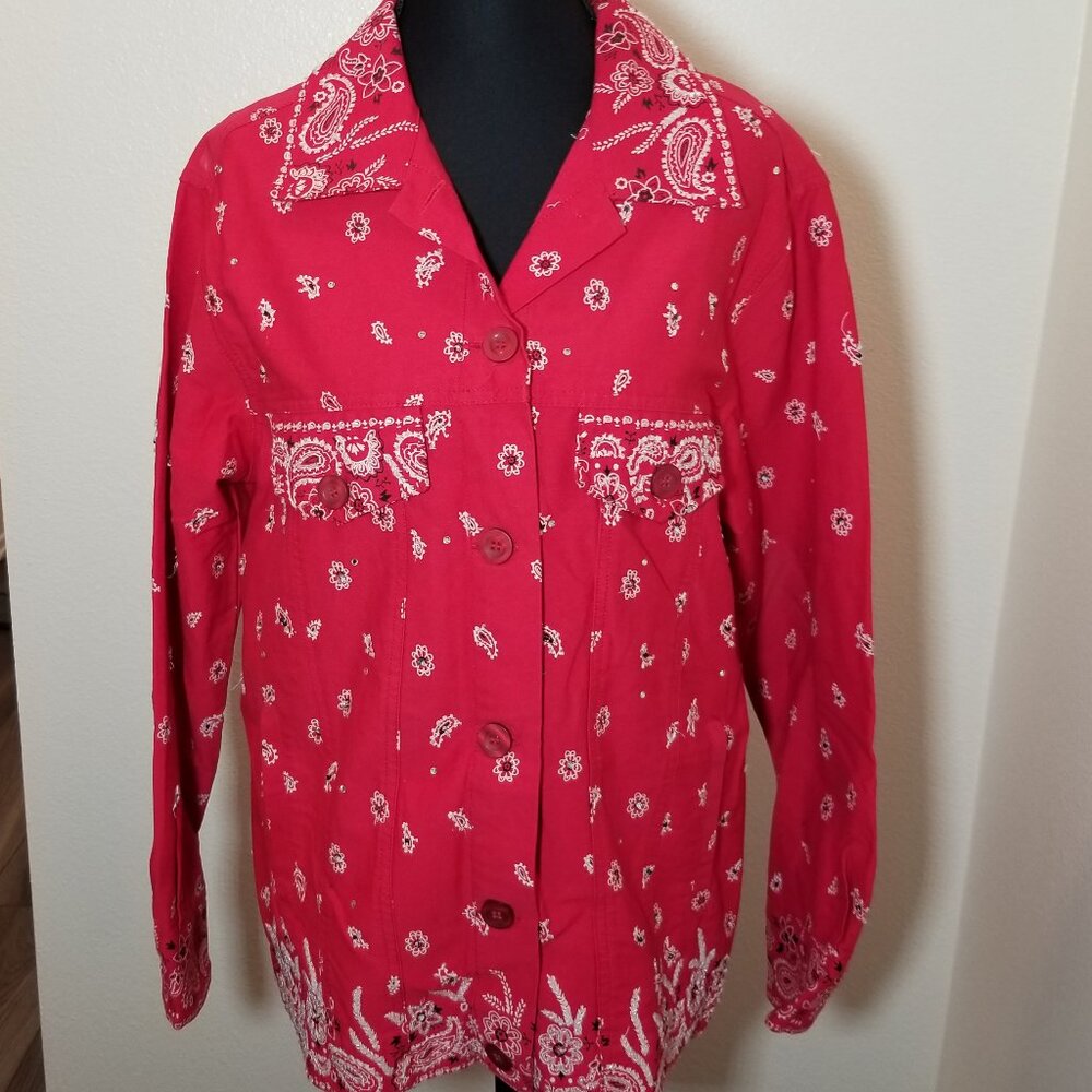 Quacker Factory Jacket Women Small Red Paisley Beaded Denim Bandana Print Retro